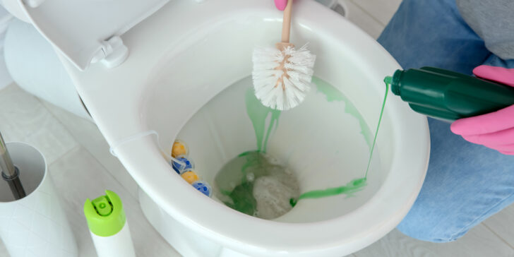 Woman cleaning toilet bowl in bathroom